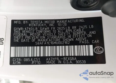 2021 Lexus Es 300H Ultra Luxury z USA, uszkodzony, nr VIN 58AFA1C16MU002162